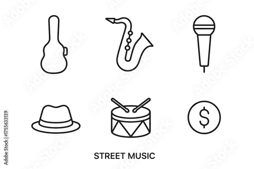 Street music symbols: guitar, saxophone, microphone, hat, drum, money