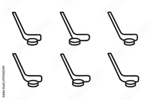 Minimalist hockey stick and puck icons set with six variations