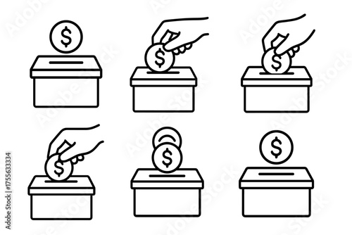 Set of icons depicting hands placing coins into donation boxes