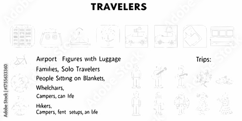 Diverse travelers and transportation icons representing various journeys and activities