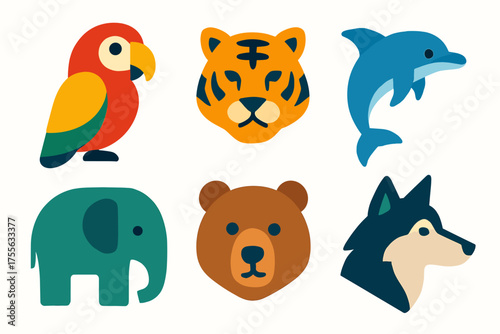 Colorful animal icons featuring parrot, tiger, dolphin, elephant, bear, and husky