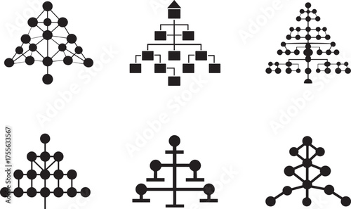 Collection of abstract hierarchical trees and network diagrams with simple shapes