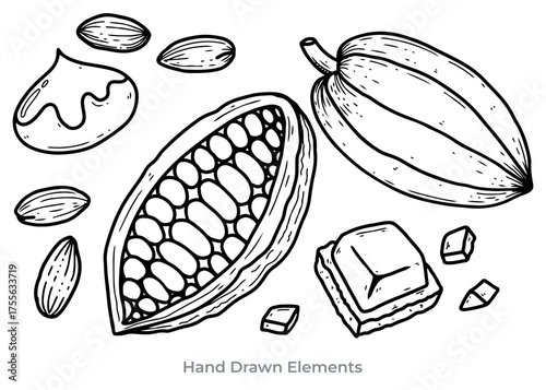 Line art illustration of cocoa beans, pods, almonds, and chocolate squares, arranged in a scattered composition.