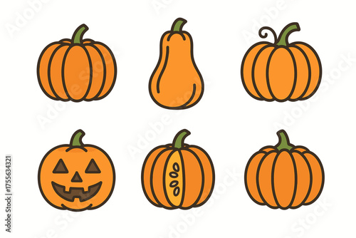 Variety of cartoon pumpkins and gourds on white background