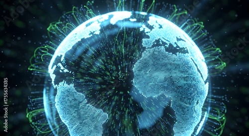 Global digital connection and data flow visualized as a futuristic glowing earth with interconnected nodes and light trails