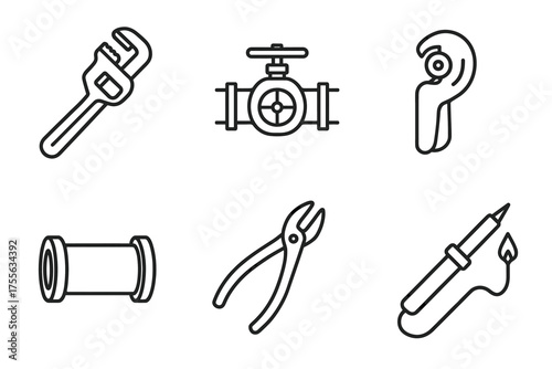 Plumbing tools icons - wrench, valve, cutter, pipe, pliers, soldering iron