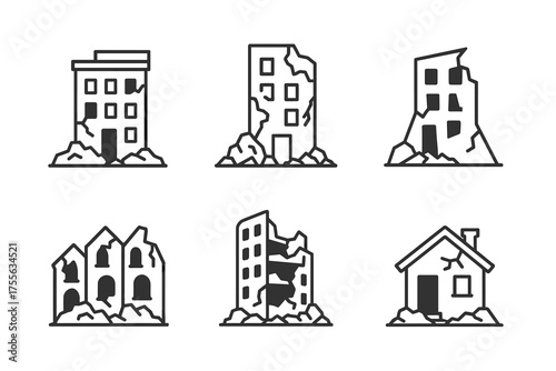 Icons of earthquake-damaged buildings collection