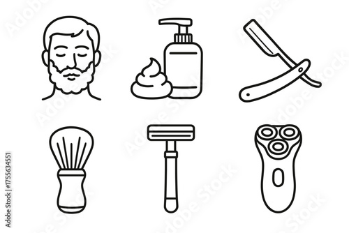 Men's grooming tools line art - shaving essentials for facial hair care
