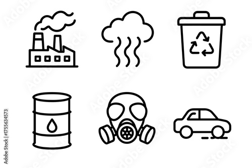 Environmental impact icons: factory, pollution, recycling, oil barrel, gas mask, car