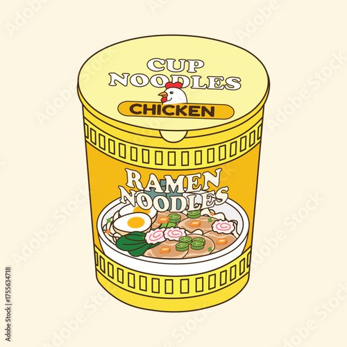 Bright yellow ramen cup noodles with lid illustration inspired by chicken flavor design