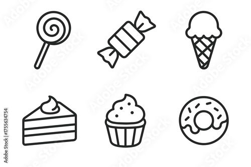 Set of six dessert icons featuring lollipop, candy, ice cream, cake, cupcake, and doughnut