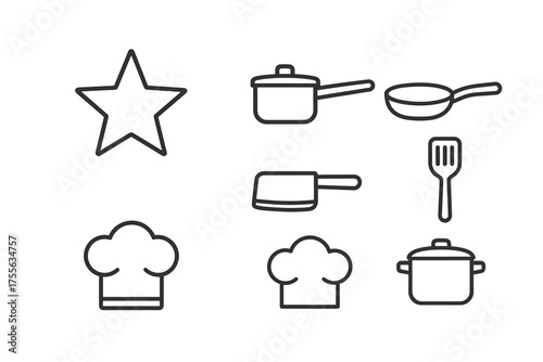 Cooking icon set: chef hat, utensils, star, pot, pan, cleaver, spatula