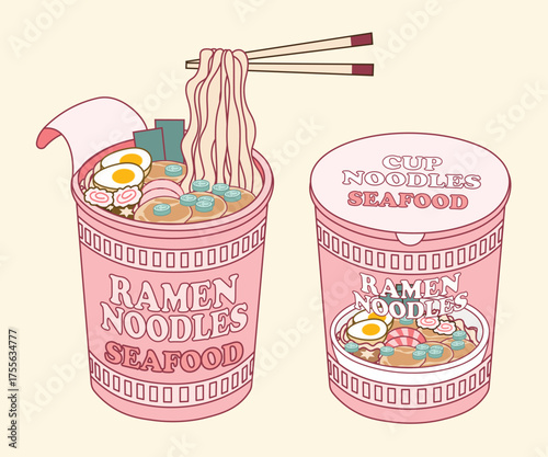 Pink ramen cup noodles illustration featuring seafood flavor with lid and chopstick design