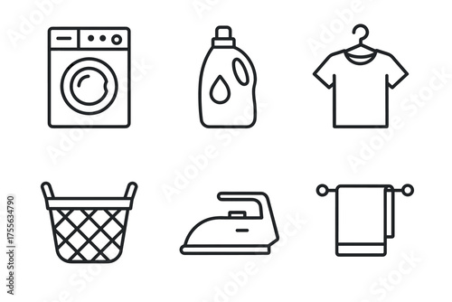 Laundry icons set featuring washing machine, detergent, shirt, basket, iron, and towel