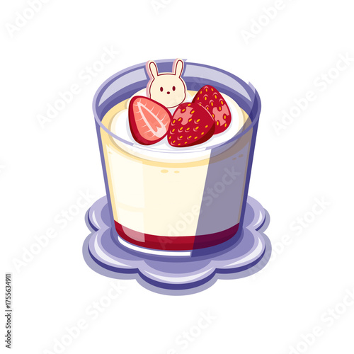Delicious pudding dessert topped with strawberry syrup and bunny cream, designed in a minimal pastel style for food artwork.