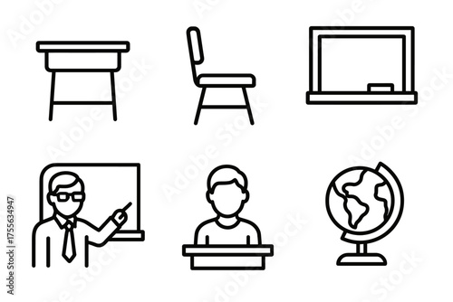 Classroom elements: desk, chair, chalkboard, teacher, student, globe icons