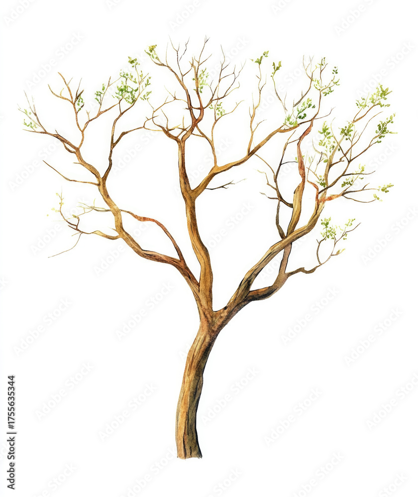 Obraz premium Watercolor, simple, cute, beautiful dry tree with branches and green leaves.
