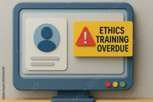 Urgent ethics training overdue alert on computer screen interface for business employee. compliance reminder icon showing professional development notification