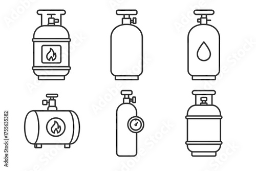 Outline icons of gas cylinders with symbols indicating flammable and water contents