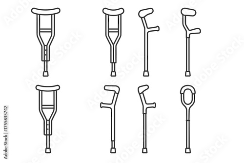 Variety of crutches: different styles of mobility aids in outline illustration