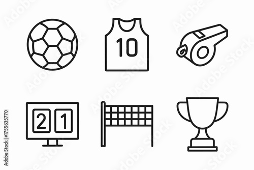 Soccer ball, jersey, whistle, scoreboard, volleyball net, trophy icons