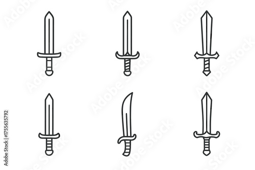 Set of six different sword icon designs on white background