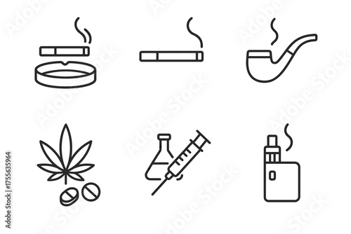 Smoking and drug use icons: cigarettes, pipe, cannabis, syringe, vape