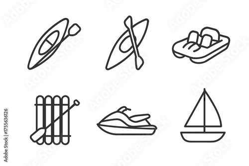 Outline icons of watercraft: kayak, canoe, pedal boat, raft, jet ski, sailboat