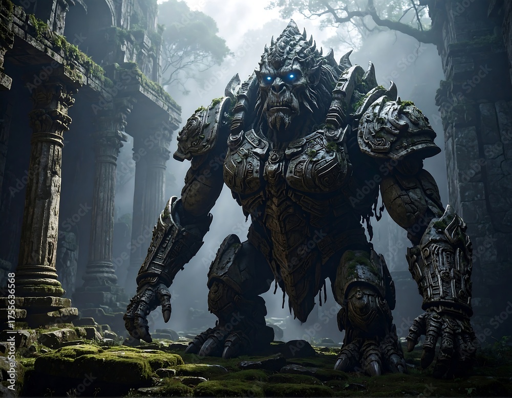 Fototapeta premium Stone guardian ape-like creature in ancient ruins, moss-covered, with glowing eyes. Dark fantasy scene
