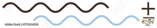 Black and blue waves flow horizontally with a cross and a small banknote in the corner. Ideal for finance, technology, religion, balance, economy, abstraction, and simple flat metaphor