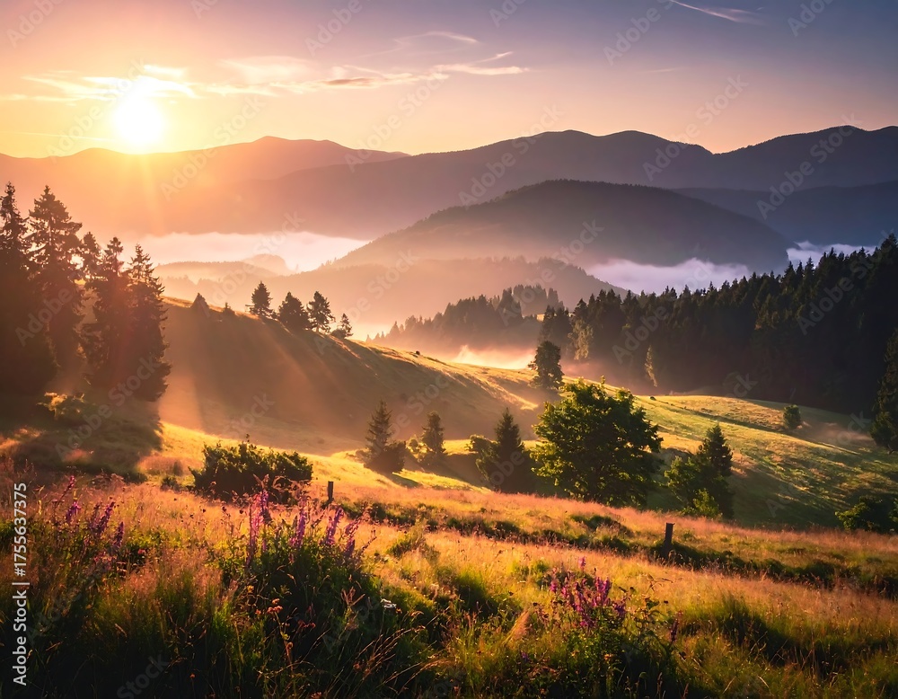 Fototapeta premium Sunrise illuminates a grassy hillside, with layers of mountains fading into the distance and soft fog between ridges