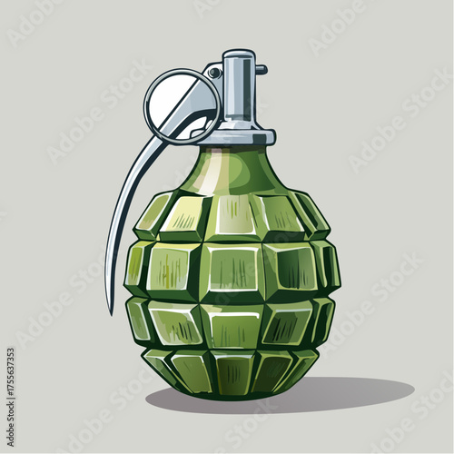 Green hand grenade illustration with metallic handle isolated on gray background