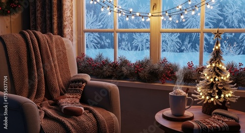 Cozy winter room with frosty window, lights, chair, & festive decor