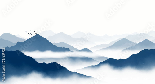 Mystical Ink Wash Painting of Misty Mountains and Birds in a Serene Landscape, Traditional Chinese Art