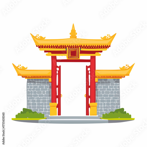 Illustrated chinese gate architecture design isolated on white background