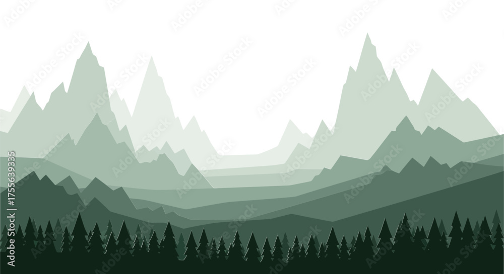 Fototapeta premium Layered Mountainscape with Evergreen Forest Silhouette in Muted Green Tones.