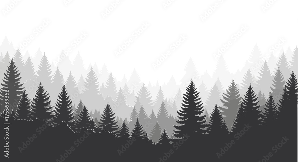 Fototapeta premium Monochrome Forest Silhouette with Layered Depth and Atmospheric Perspective.