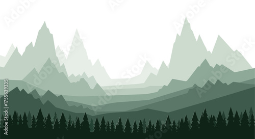 Layered Mountainscape with Evergreen Forest Silhouette in Muted Green Tones.