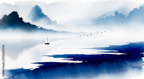 Serene ink wash painting capturing a tranquil mountain landscape reflected in placid waters, with a lone sailboat and distant birds, evoking classic Asian artistry and peaceful contemplation
