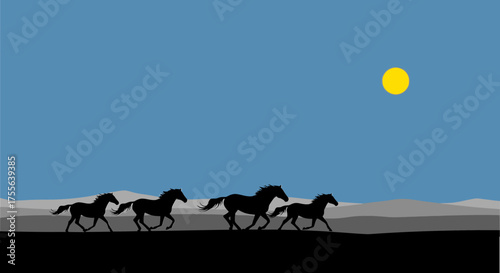 Silhouette of Four Galloping Horses Under a Bright Yellow Sun.