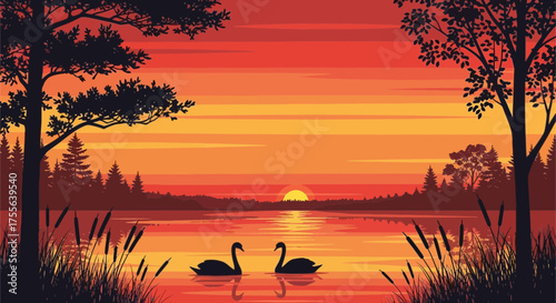 Two Silhouetted Swans Gracefully Gliding on a Calm Lake at Sunset.