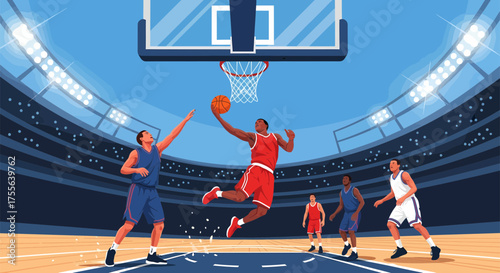 Basketball Game Action Player Shooting with Teammates and Opponents.