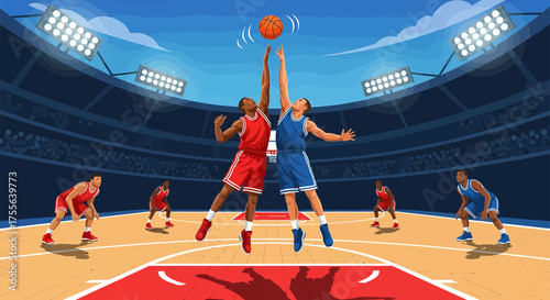 Basketball game jump ball between two players in a stadium.