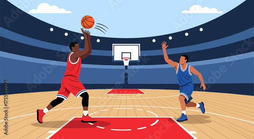 Basketball Game Player Shooting Over Defender in Arena.