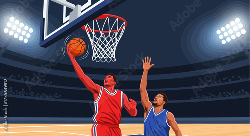 Basketball players in action during a game 7.