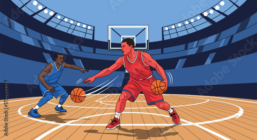 Basketball players in action during a game dribbling and defending.