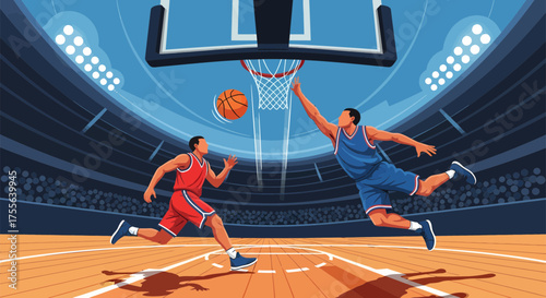 Basketball players in action one jumping to block a shot.