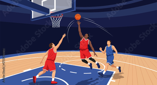 Basketball Players in Action Near Hoop During Game.