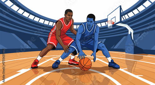 Basketball Players in Intense Dribbling Duel on Court.