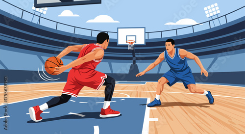 Basketball Showdown Player Dribbling Against Defender on Court.